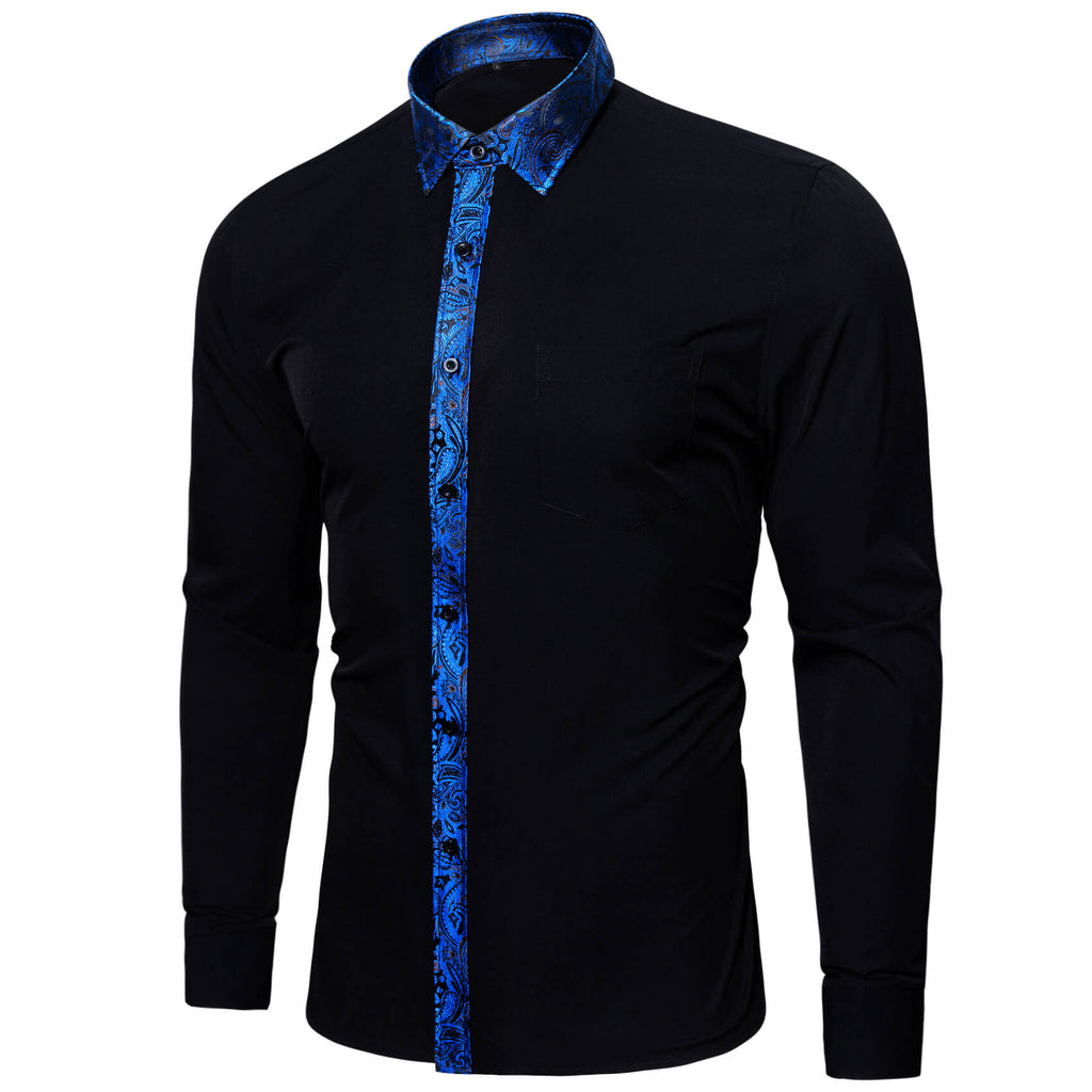 GentCrest Black Blue Slim Fit Splicing Shirt Mens Long Sleeve Button Down Casual Shirt