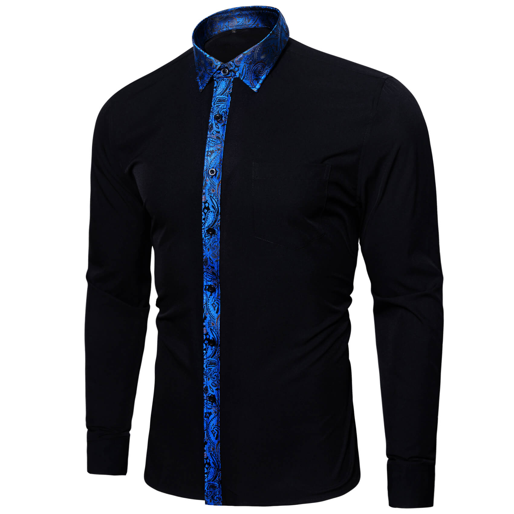 GentCrest Black Blue Slim Fit Splicing Shirt Mens Long Sleeve Button Down Casual Shirt