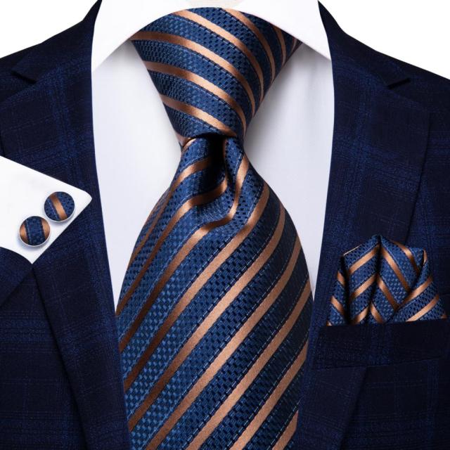 Leeson Stripes Silk Tie, Blue / Gold Silk Tie Set - GentCrest