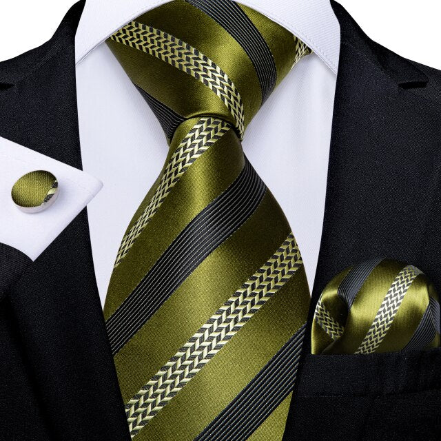 Olive Stripe Silk Tie Set - GentCrest