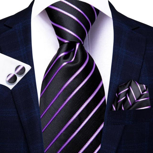 Black and Purple Striped Tie Silk Tie Set - GentCrest