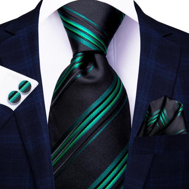 Black & Emerald Green Striped Silk Tie Set - GentCrest - View 6