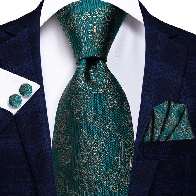 Green Ornamented Silk Tie Set - GentCrest