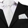 Silver White Floral Silk XL Silk Tie Set - GentCrest