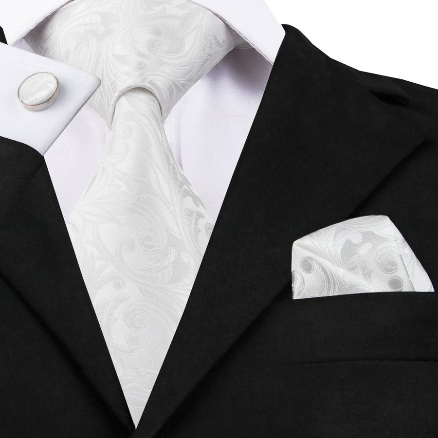 Silver White Floral Silk XL Silk Tie Set - GentCrest